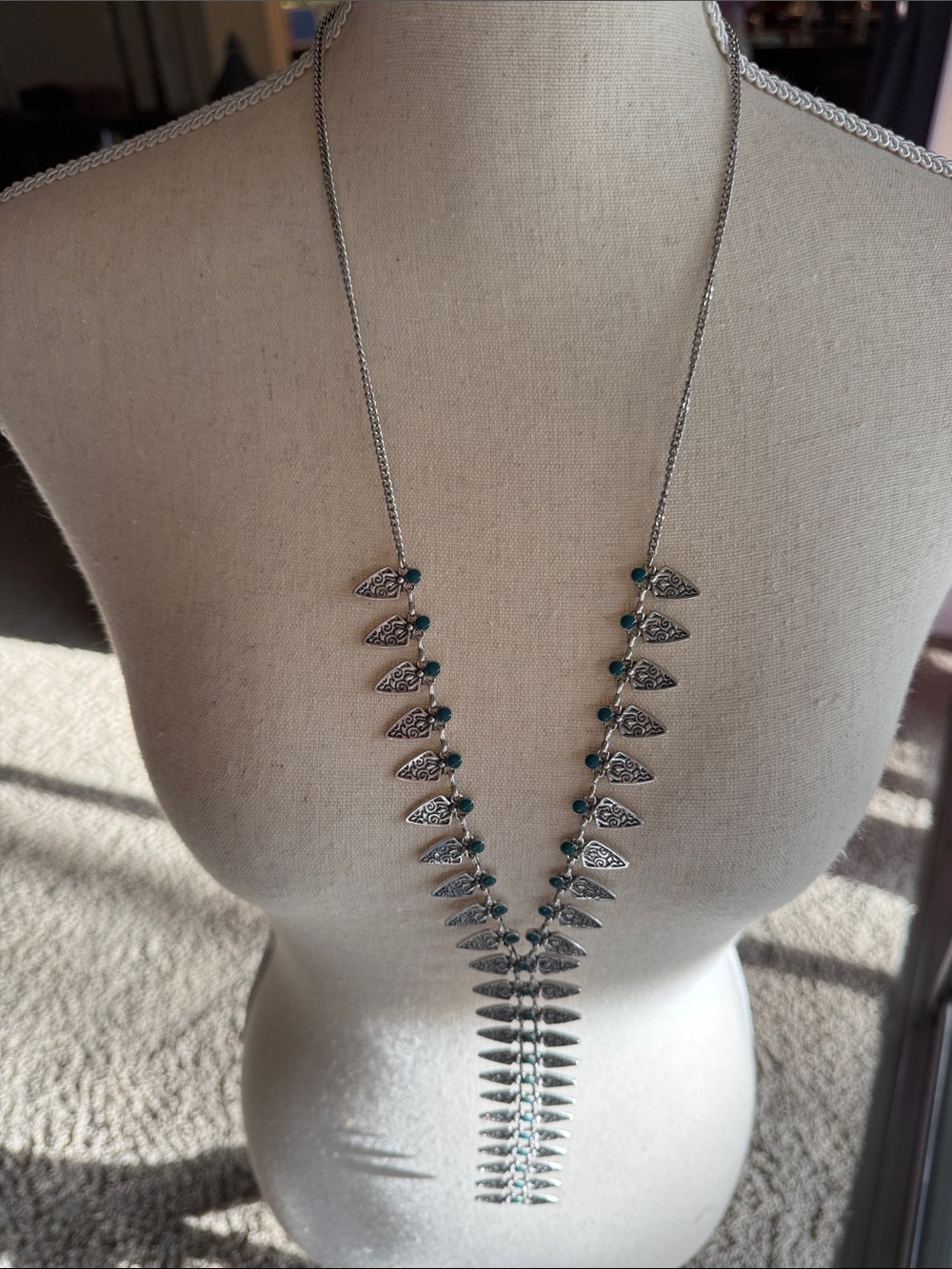 Boho Silver Teardrop Long Y Necklace with Teal Beads